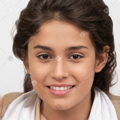 Joyful white child female with medium  brown hair and brown eyes