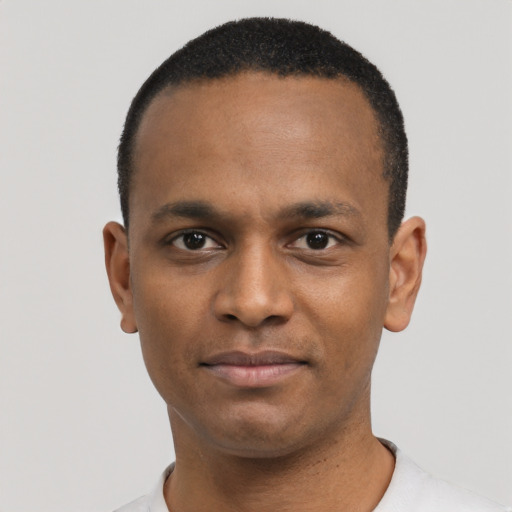 Neutral black young-adult male with short  black hair and brown eyes