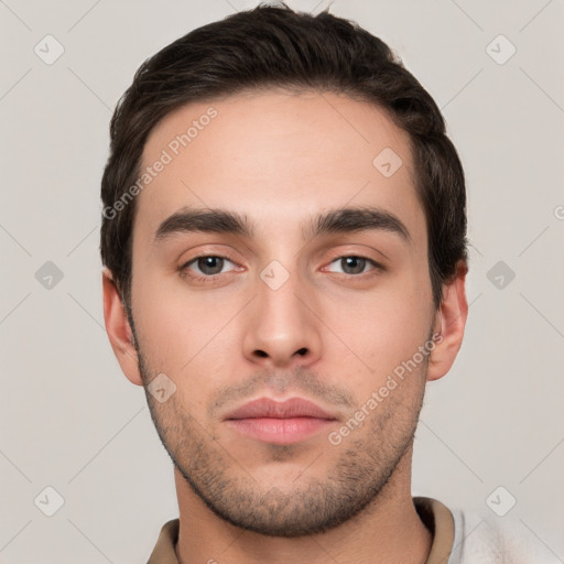 Neutral white young-adult male with short  brown hair and brown eyes