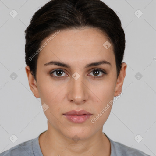 Neutral white young-adult female with short  brown hair and brown eyes