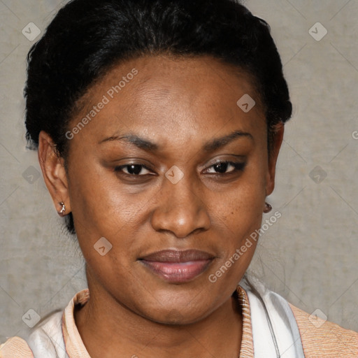 Joyful latino adult female with short  brown hair and brown eyes