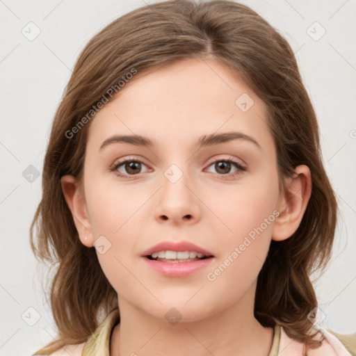 Neutral white young-adult female with medium  brown hair and brown eyes