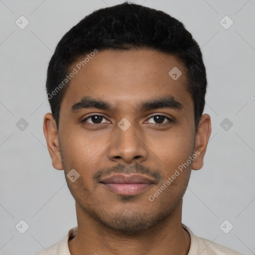Neutral latino young-adult male with short  black hair and brown eyes