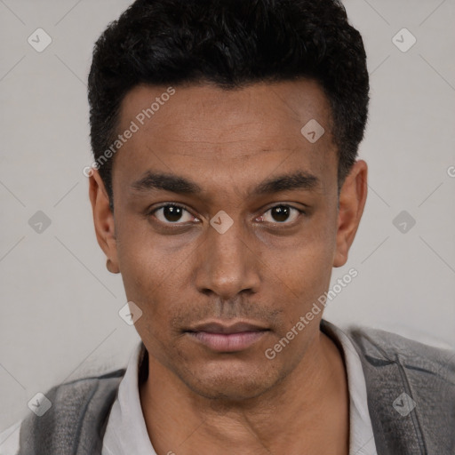 Neutral latino young-adult male with short  black hair and brown eyes