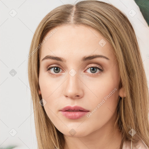 Neutral white young-adult female with long  brown hair and green eyes