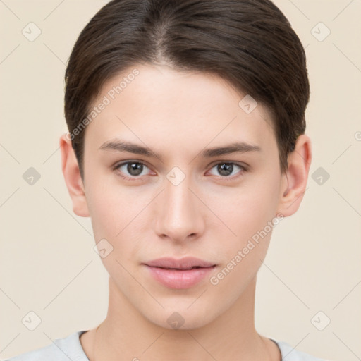 Neutral white young-adult female with short  brown hair and brown eyes