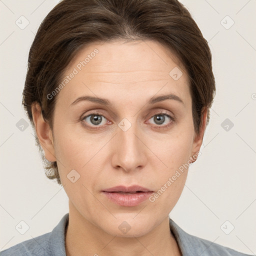 Joyful white adult female with short  brown hair and grey eyes