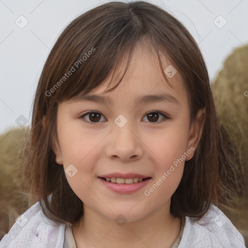 Joyful white child female with medium  brown hair and brown eyes