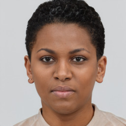 Neutral black young-adult female with short  brown hair and brown eyes