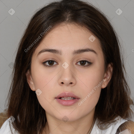 Neutral white young-adult female with medium  brown hair and brown eyes