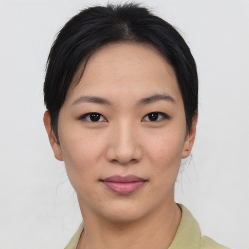 Neutral asian young-adult female with short  black hair and brown eyes