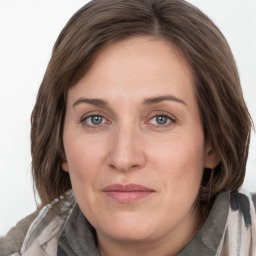 Joyful white adult female with medium  brown hair and grey eyes