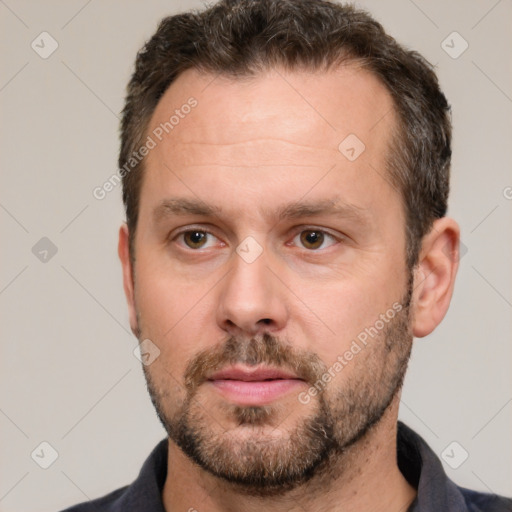 Neutral white adult male with short  brown hair and brown eyes