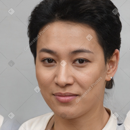 Joyful asian young-adult female with short  brown hair and brown eyes