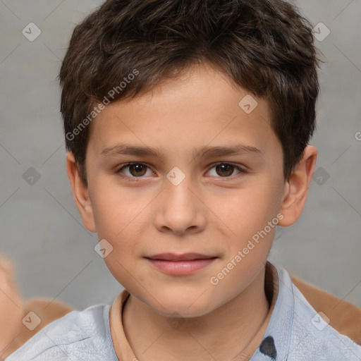 Joyful white child male with short  brown hair and brown eyes