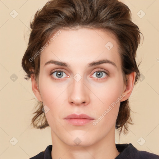 Neutral white young-adult female with medium  brown hair and blue eyes