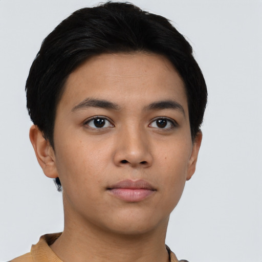 Neutral asian young-adult male with short  black hair and brown eyes
