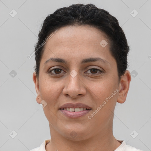 Joyful white young-adult female with short  brown hair and brown eyes