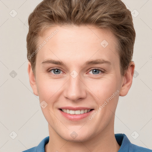 Joyful white young-adult female with short  brown hair and grey eyes