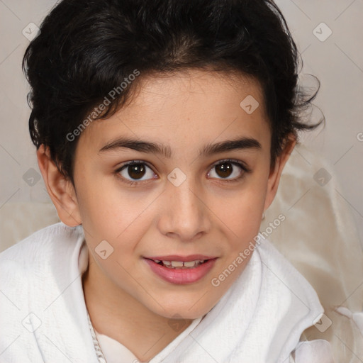 Joyful white child female with medium  brown hair and brown eyes