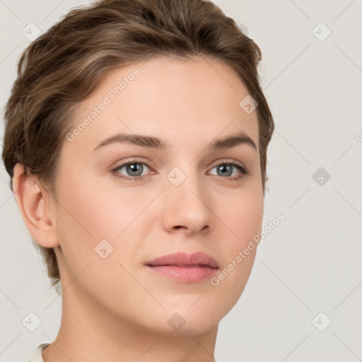 Neutral white young-adult female with short  brown hair and brown eyes