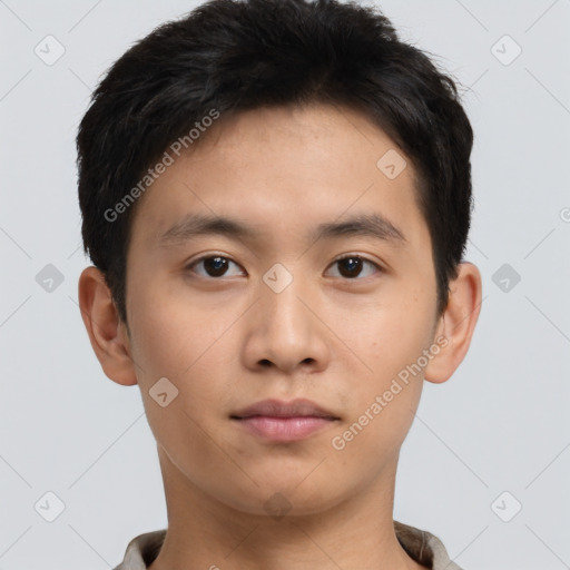 Neutral asian young-adult male with short  brown hair and brown eyes