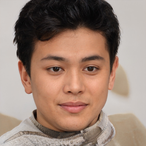 Joyful latino young-adult male with short  brown hair and brown eyes