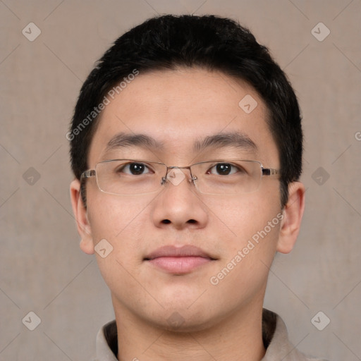 Neutral asian young-adult male with short  brown hair and brown eyes