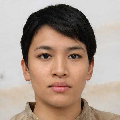 Neutral asian young-adult female with short  black hair and brown eyes