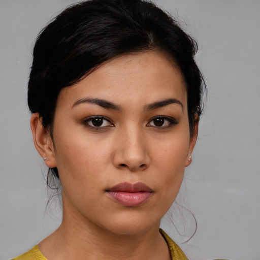 Neutral asian young-adult female with medium  brown hair and brown eyes