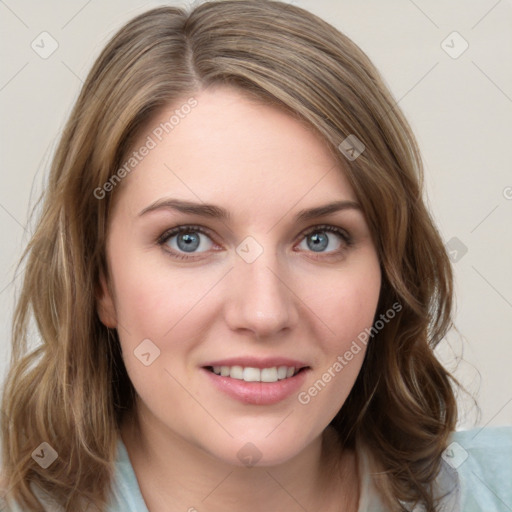 Joyful white young-adult female with medium  brown hair and blue eyes