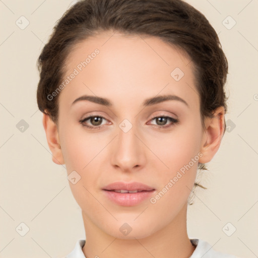 Neutral white young-adult female with short  brown hair and brown eyes