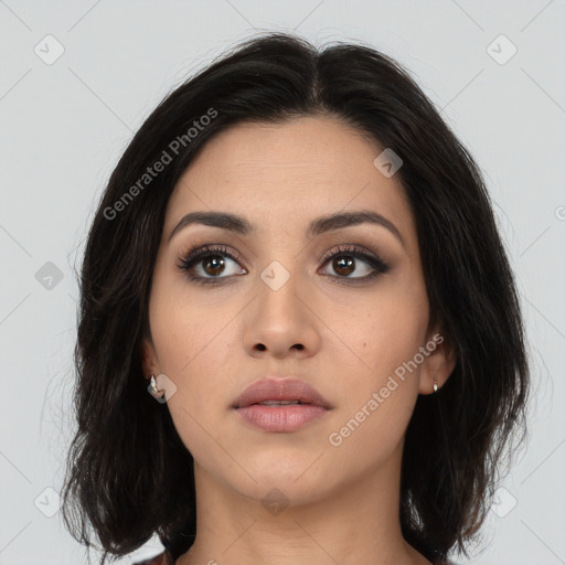 Neutral asian young-adult female with long  brown hair and brown eyes