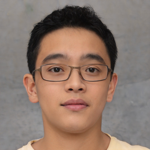 Neutral asian young-adult male with short  brown hair and brown eyes