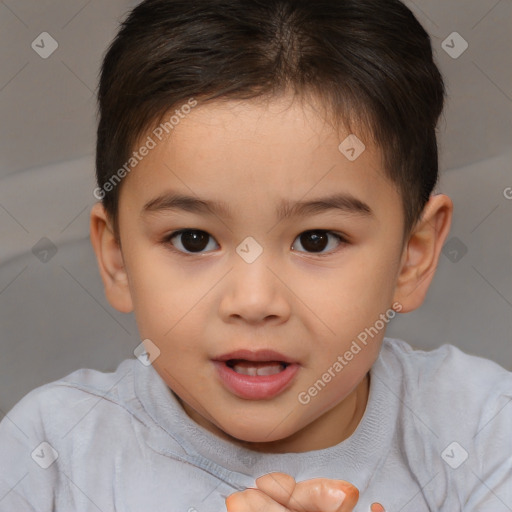 Joyful white child female with short  brown hair and brown eyes