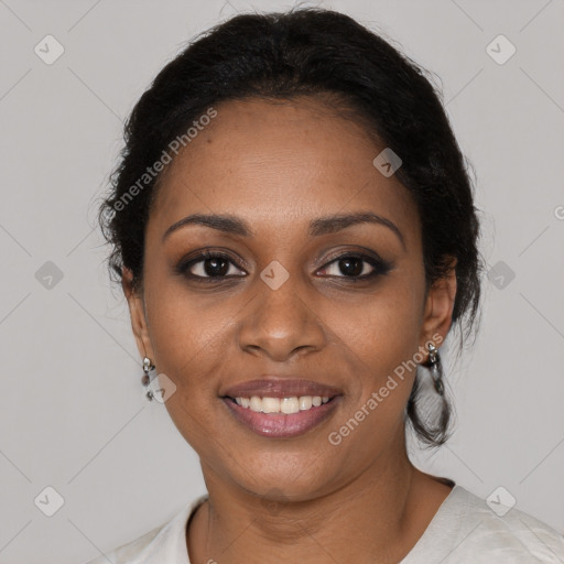 Joyful black young-adult female with short  black hair and brown eyes