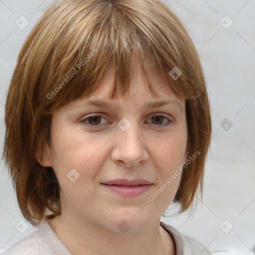 Joyful white young-adult female with medium  brown hair and blue eyes