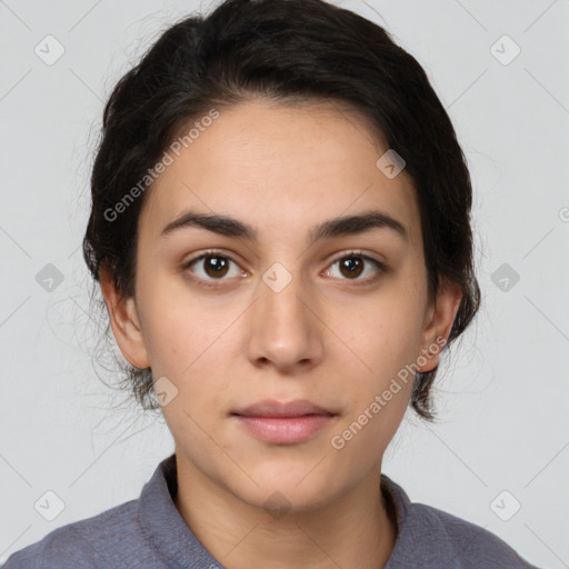 Neutral white young-adult female with medium  brown hair and brown eyes