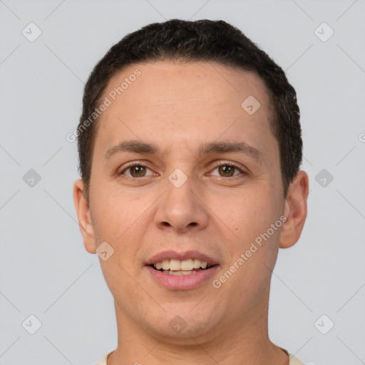 Joyful white young-adult male with short  brown hair and brown eyes