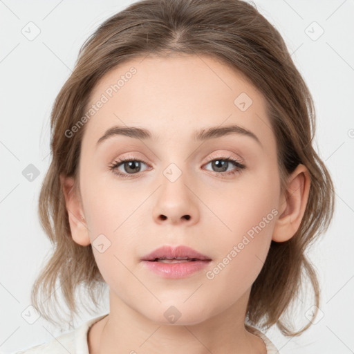 Neutral white young-adult female with medium  brown hair and grey eyes