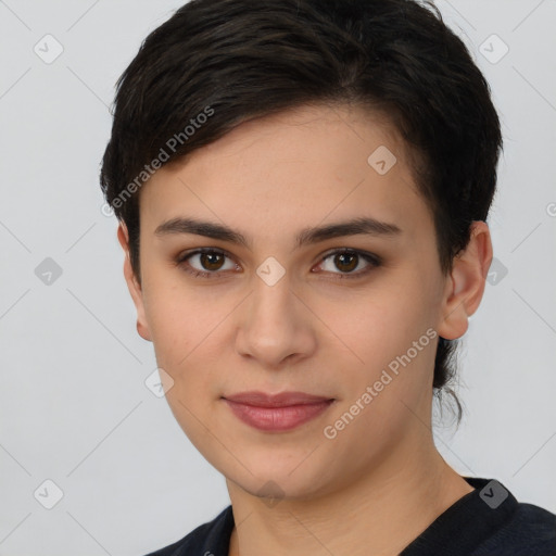 Joyful white young-adult female with short  brown hair and brown eyes