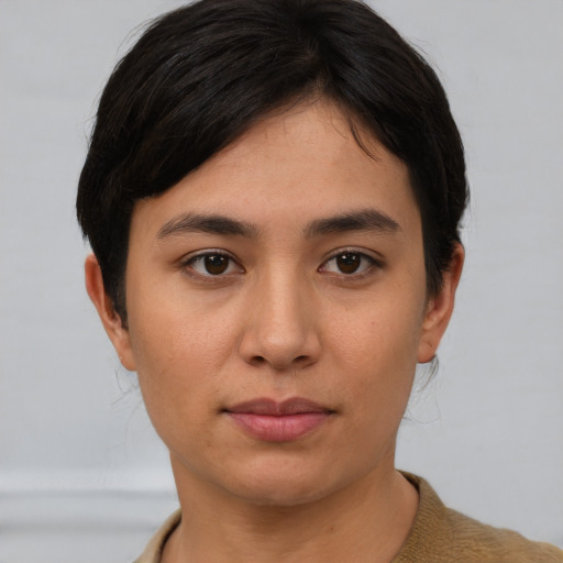 Neutral asian young-adult female with short  brown hair and brown eyes