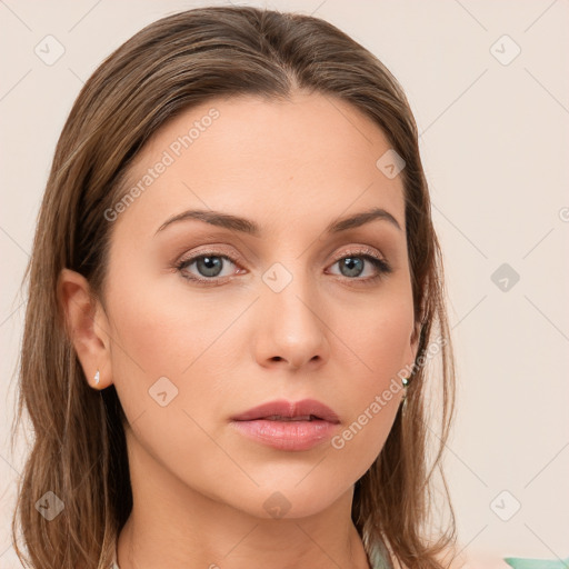 Neutral white young-adult female with long  brown hair and grey eyes