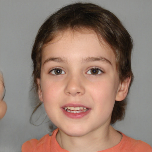 Joyful white child female with medium  brown hair and brown eyes