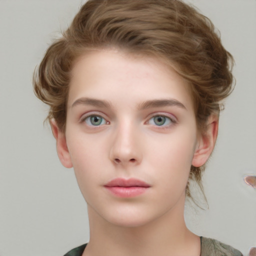 Neutral white young-adult female with short  brown hair and green eyes