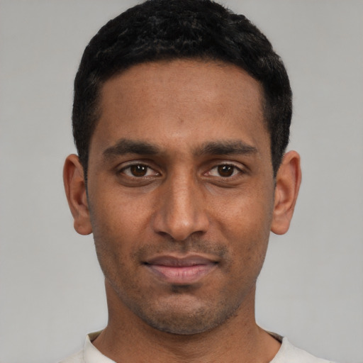 Neutral white young-adult male with short  black hair and brown eyes