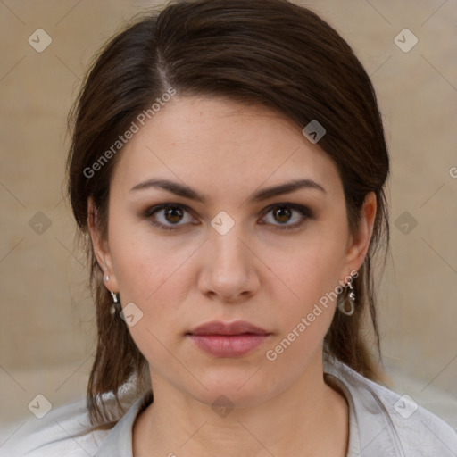 Neutral white young-adult female with medium  brown hair and brown eyes