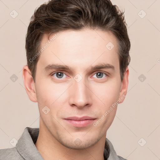 Neutral white young-adult male with short  brown hair and grey eyes