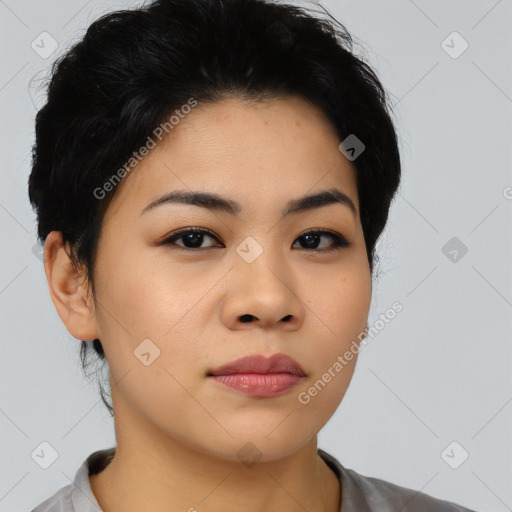 Neutral asian young-adult female with short  black hair and brown eyes