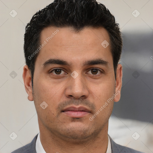 Neutral white young-adult male with short  black hair and brown eyes